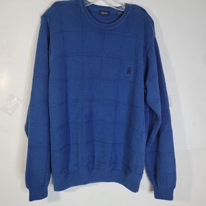 Mens Izod 100% Cotton Blue on Blue Suare pattern sweater Size Large